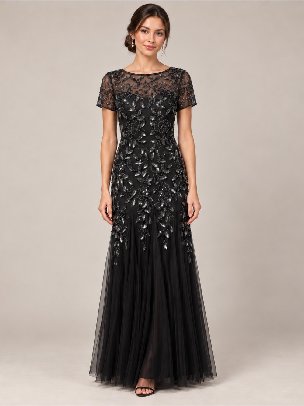 Adrianna Papell Black Beaded Floral Tulle Maxi Dress 8